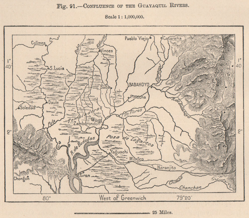 Confluence of the Guayaquil Rivers. Guayas Los Rios. Ecuador 1885 old map